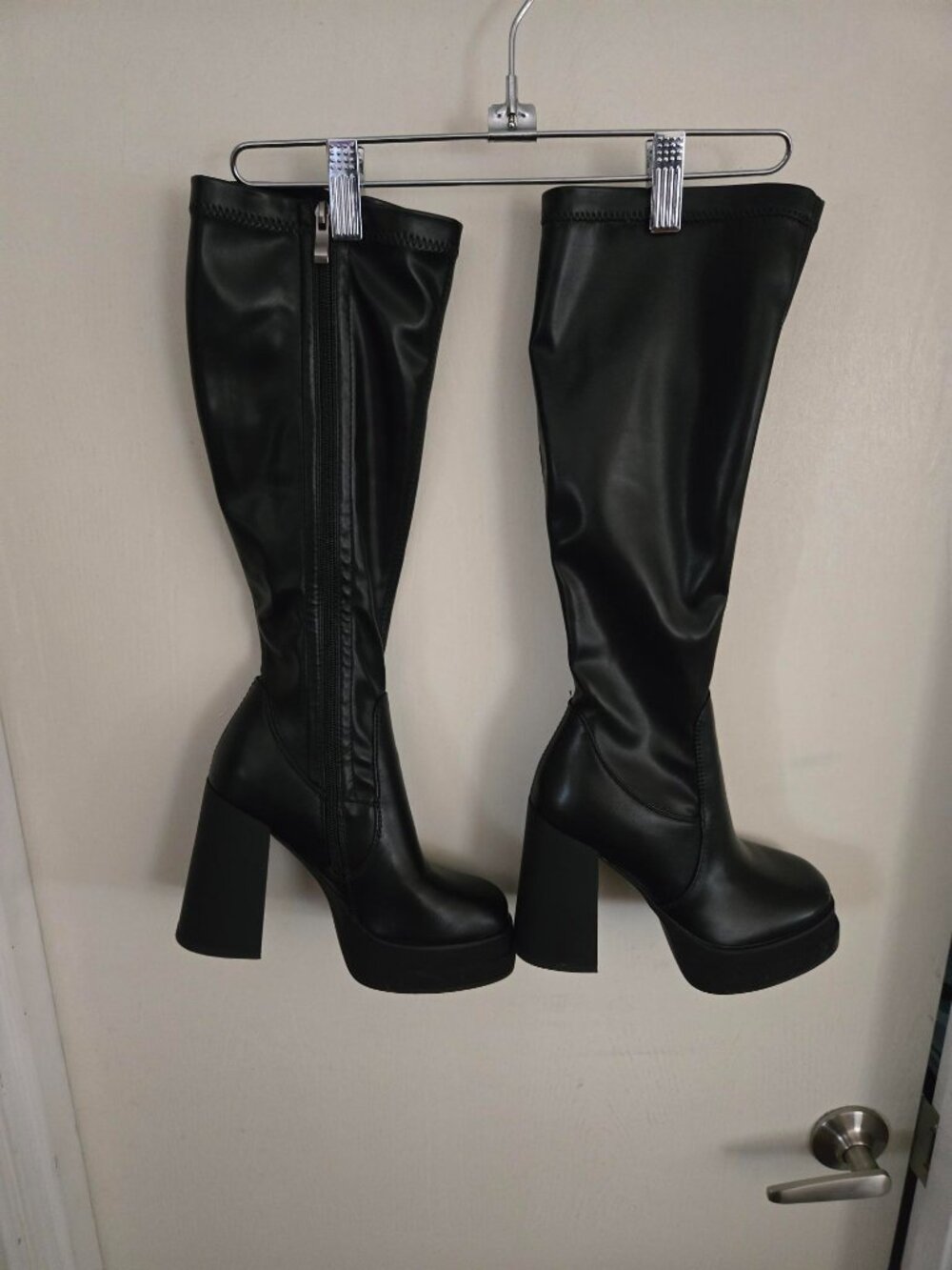 Platform Women's Shoes Stretch Side Zip Block Heels Knee High Boots Pumps S 6.5 - Picture 3 of 10